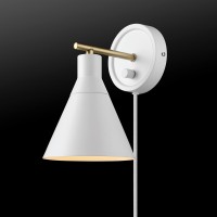 Globe Electric 65542 1-Light Dimmable Plug-In Or Hardwire Wall Sconce, Matte White, Brass Accent, Stepless Dimming Rotary Switch On Canopy, White Fabric Cord, Wall Lamp Dimmable, Wall Lighting