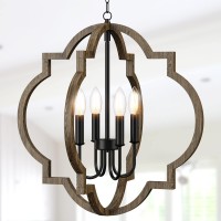 4-Light Farmhouse Ceiling Light Fixture,Vintage Chandelier For Foyer Dining Kitchen Hallway Bedroom,Rustic Wood Hanging Light Orb Chandelier With Adjustable Hanging Chain(Black)