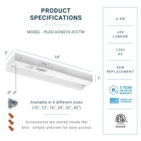 Parmida Led Under Cabinet Lighting, Hardwired Installation, 10 Inch, 6.5W, 3Cct Color Selectable - 3000K/4000K/5000K, Etl Listed, 120V, Dimmable, 450 Lumens, White Finish