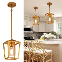 Sglfarmty 1Light Gold Pendant Light Farmhouse Cage Pendant Lighting Fixture For Kitchen Island Lantern Pendant Lights Brass F