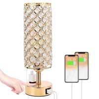 Hong-In Crystal Table Lamp, Gold Bedroom Lamp With Usb Ports & Outlet, 3 Way Dimmable Light With Crystal Lampshade, Bedside Lamp Small Touch Light For Living Room Home, Charge Phone (Bulb Included)