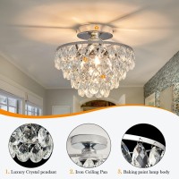 Yyjlx Modern E26 Small Crystal Chandelier Semi Flush Mount Ceiling Light Fixture Silver Ceiling Lamp For Hallway Bedroom Bathroom Closet Bedroom Foyer (Chrome)