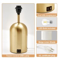 Gyrovu Bedside Lamp With Usb Port, Touch Control Table Lamp For Bedroom 3 Way Dimmable Modern Nightstand Lamp With Fabric Shade Gold Base For Living Room, Dorm, Home Office, Led Bulb Included