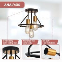 Qgiytp Industrial Semi Flush Mount Ceiling Light Fixture 3Light Matte Black And Gold Chandelier E26 Farmhouse Ceiling Lamp For