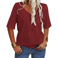 Danedvi Women Fashion V-Neck Half Sleeves T Shirt Solid Casual Loose Basic Tops Dark Red