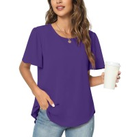 Taohuadao Womens 2023 Summer Casual Scoop Neck Loose Top Short Sleeve Chiffon Blouse Shirt Tops Medium, Purple