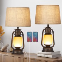 Suraielec Lantern Table Lamps Set Of 2, Rustic Lamp With Dimmable Night Light And Usb, Farmhouse Decor For Living Room, Bedroom, Nightstand, End Table, Oil Rubbed Bronze Finish