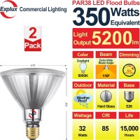 Explux 350 Watt Equivalent Par38 Led Flood Light Bulb, Ultra Bright 5200 Lumens, Full-Glass Outdoor Waterproof & Anti-Ageing, Non-Dimmable, E26 Medium Base Spotlight, Daylight 5000K, 2-Pack