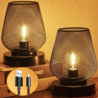 Ubright 2 Pack Battery Operated Lamp Rechargeable Outdoor Table Lamp Metal Cage With 4 Lighting Mode Outdoor Lantern Cordless Lamp Indoor Outdoor Patio Bedroom Living Room (Bulb Included) Black