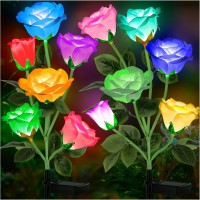 Molaier Solar Lights Outdoor, Solar Garden Lights 7 Color Changing Rose Lights Waterproof Outdoor Lights Solar Powered With Flowers, Garden Decor For Patio Yard Path, (2 Pack, White And Yellow)