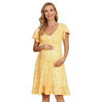 Coolmee Womens Ruffle Smocked Maternity Dress Floral Short Sleeve V Neck Knee Length Dress For Baby Shower Photoshoot Casual Yellow L