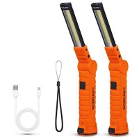 Suranew Led Worklight Flashlight, Cob Rechargeable Work Lights With Magnetic Base 360 Degree Rotate And 5 Modes Portable Flood Light Inspection Construction Light For Car Repair (Orange, 2 Pack)