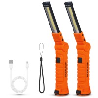 Suranew Led Worklight Flashlight, Cob Rechargeable Work Lights With Magnetic Base 360 Degree Rotate And 5 Modes Portable Flood Light Inspection Construction Light For Car Repair (Orange, 2 Pack)