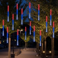 Dazzle Bright 288Led Red Blue And White Christmas Meteor Shower Rain Lights 12Inch 8 Tubes, Waterproof Plug In Falling Rain Lights Independence Day Decorations For Outdoor Bushes Tree Yard