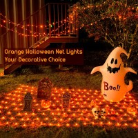 Jmexsuss Orange Halloween Net Lights 360 Led 12Ft X 5Ft Bush Lights With 8 Modes Remote Connectable Outdoor Waterproof Decoratio