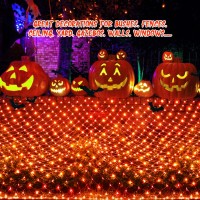 Jmexsuss Orange Halloween Net Lights 360 Led 12Ft X 5Ft Bush Lights With 8 Modes Remote Connectable Outdoor Waterproof Decoratio