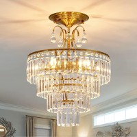 Cvkash 5 -Lights Crystal Gold Chandelier Fixture Modern Semi Flush Mount Ceiling Light With E12 Ceiling Lighting For Bedroom Living Room Kitchen Hallway Dining Room,D15.35 X H20.07