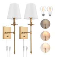 Dimmable Wall Sconces Set Of Two Encomli Plug In Wall Sconces White Fabric Shade Wall Lamp With 6Ft Plug In Cord Plug In Wall Li