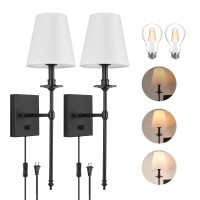 Encomli Dimmable Wall Sconces Set Of Two, Plug In Wall Sconces White Fabric Shade, Wall Lamp With Plug In Cord, Plug In Wall Light For Living Room Bathroom Vanity Light Fixture, Bulbs Included, Black