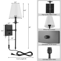 Encomli Dimmable Wall Sconces Set Of Two, Plug In Wall Sconces White Fabric Shade, Wall Lamp With Plug In Cord, Plug In Wall Light For Living Room Bathroom Vanity Light Fixture, Bulbs Included, Black