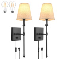 Trlife Dimmable Wall Sconces Set Of 2, Wall Sconce Plug In Brushed Brass Wall Mounted Light Wall Lights With Plug In Cord And Dimmer On/Off Switch And Beige Fabric Shade(2 Bulbs Included)