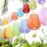 12Pcs Chinese Paper Lanterns With Led Lights Hollow Out Hanging Asia Japanese Paper Lamps With Tassels Walking Sticks 8 In Lant