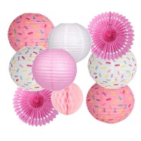 Donut Birthday Party Decorations, 9 Pieces Reusable Pink Round Donut Party Hanging Paper Lanterns, Supplies, Honeycomb Ball Paper Fan For Baby Shower Kids Birthday Party Home Decor