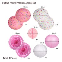 Donut Birthday Party Decorations, 9 Pieces Reusable Pink Round Donut Party Hanging Paper Lanterns, Supplies, Honeycomb Ball Paper Fan For Baby Shower Kids Birthday Party Home Decor