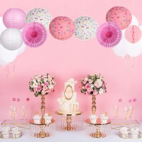 Donut Birthday Party Decorations, 9 Pieces Reusable Pink Round Donut Party Hanging Paper Lanterns, Supplies, Honeycomb Ball Paper Fan For Baby Shower Kids Birthday Party Home Decor