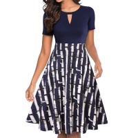 Ihot Women Short Sleeve Round Neck A Line Cocktail Party Summer Wedding Guests Dresses With Pockets Navy Bamboo Stripe Small