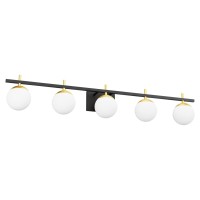 Ralbay Mid Century Modern Vanity Light Fixture 5 Light Milky Glass Globe Modern Bathroom Light Fixture Over Mirror, Black/Golden Bathroom Vanity Light