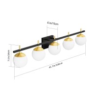 Ralbay Mid Century Modern Vanity Light Fixture 5 Light Milky Glass Globe Modern Bathroom Light Fixture Over Mirror, Black/Golden Bathroom Vanity Light