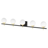 Ralbay Mid Century Modern Vanity Light Fixture 5 Light Milky Glass Globe Modern Bathroom Light Fixture Over Mirror, Black/Golden Bathroom Vanity Light