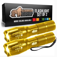 Gorilla Grip 2 Pack Led Tactical Handheld Flashlight, High Lumens, Ultra Bright 5 Mode, Long Lasting Water Resistant, 750 Ft Zoom Flashlights, Camping Accessory, Outdoor Camp Gear, Emergencies, Gold