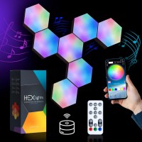 Emberela Hexlights 7-Pack App + Remote Controlled Rgb Wall Panels, Led Hexagon Lights - Light Panels For Wall - Great For Living Room, Bedroom And Game Room Decor - Includes Stand For Tabletop