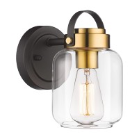 Farmhouse Wall Light, Hwh 1-Light Wall Sconce Vanity Light With Clear Glass Shade, Bathroom Vanity Wall Lamp For Bedroom, Bedside, Black And Brushed Gold Finish, 5Hzg61B Bk+Bg