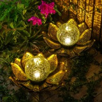 Dusvally Lotus Solar Globe Led Light Garden Decoration, Outdoor Ip65-Waterproof Crack Glass Hollow Out Retro Silver Metal Light For Patio & Lawn & Pathway Landscape, 12