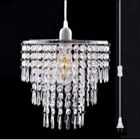 Flavorthings Plug In Modern Chrome 3 Tiers Fuax Crystal Acrylic Beaded Chandelier Ceiling Pendant Light With Clear Acrylic Jewel Droplets With On/Off Switch And 16.4Ft Clear Hanging Cord