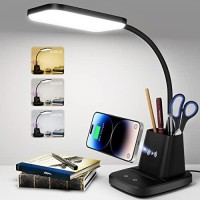 Sailstar Desk Lamp, Led Desk Lamps For Home Office, Wireless Charger Small Desk Lamp With Pen Holder, 3 Color Modes, Dimmable, Cri 85, 800 Lm, Study Lamp For College Dorm Room, Adapter Included, Black