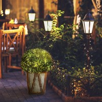 Teamson Home 18.25 In. Solar-Powered Led Pre-Lit Artificial Boxwood Topiary Shrub In. Farmhouse-Style Decorative Planter For Porches, Patios, Decks, Poolside And Other Outdoor Living Spaces