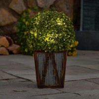 Teamson Home 18.25 In. Solar-Powered Led Pre-Lit Artificial Boxwood Topiary Shrub In. Farmhouse-Style Decorative Planter For Porches, Patios, Decks, Poolside And Other Outdoor Living Spaces