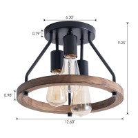 Viluxy Industrial Flush Mount Ceiling Light Fixture With Retro Wood Circle Shade For Hallway, Entryway, Bedroom, Balcony Passway 3-Light