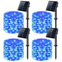 Jmexsuss 4 Pack 100 Led Solar Fairy Lights 33Ft Blue Solar String Lights Outdoor Waterproof 8 Modes Copper Wire Solar Twinkle