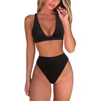 Fatty Tiger Thong Bottom Swimsuit High Waisted Swimwear For Women Plunge V Neck Bikini Top Back Spaghetti Thong Beachwear Bathing Suit Black M