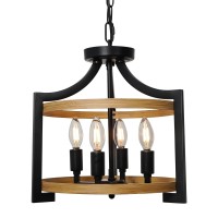 Zosimio Retro Farmhouse Chandelier, 4-Light Rustic Flush Mount Ceiling Light Fixture, Hanging Light For Kitchen Island, Dining Room, Hallway, Entryway (Wood Finish)