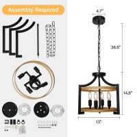 Zosimio Retro Farmhouse Chandelier, 4-Light Rustic Flush Mount Ceiling Light Fixture, Hanging Light For Kitchen Island, Dining Room, Hallway, Entryway (Wood Finish)