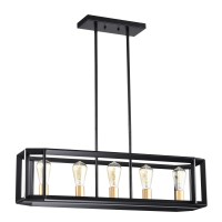 Micsiu Black 5 Light Kitchen Island Light Fixture, Burnished Brass Farmhouse Linear Chandelier Light, Rectangular Adjustable Height Ceiling Light For Dining Room, Living Room, Bar, Bedroom