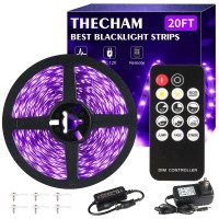 Thecham 20Ft Black Light Strip With Remote, 360 Led Lamp Beads, 12V Flexible Lights For Glow Party, Adjust Brightness, Delay Off, 3 Light Modes, Indoor Fluorescent Party, Stage Lighting