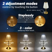 Amingulry Cordless Table Lamp, Rechargeable Battery Operated Lamp, 3 Way Modes & Stepless Dimmable Led Touch Lamp, Portable Crystal Gold Metal Beside Lamps For Bedroom Living Room Restaurant Outdoor