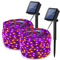 Lomotech 2 Pack Solar Lights, 33Ft 100Led Orange Purple Twinkle Fairy Lights Waterproof 8 Modes Outdoor For Halloween Party Diy Decoration Black Wire